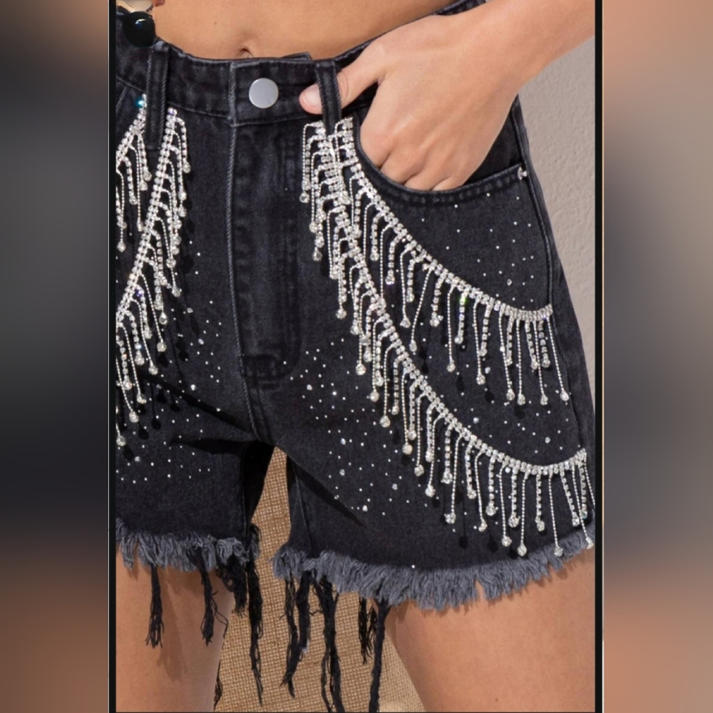 Denim Bling Embellish Fringe Shorts